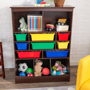 toy storage with bookshelves